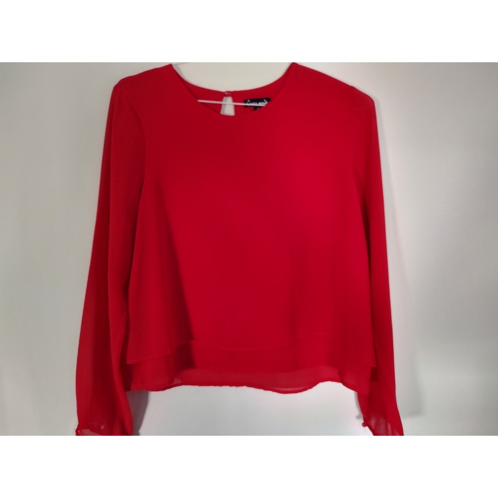 Women's Haute Mondw Size Large Red Long Sleeve Blouse Top Flowy Classic Split